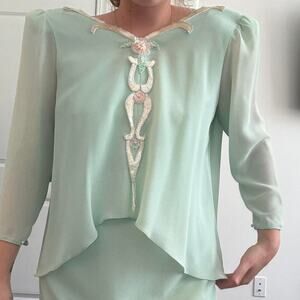 Vintage Ursula sage green chiffon dress with beaded front detail 12